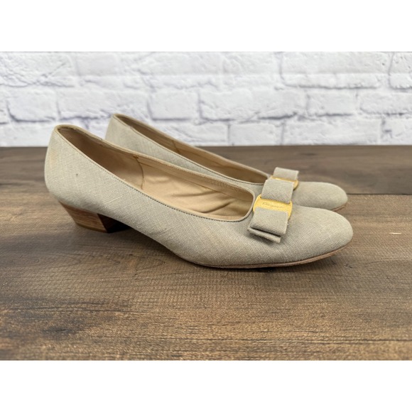 Salvatore Ferragamo Vara Bow Ballet Flats Women's Beige Linen Size 9 Designer - Picture 2 of 14